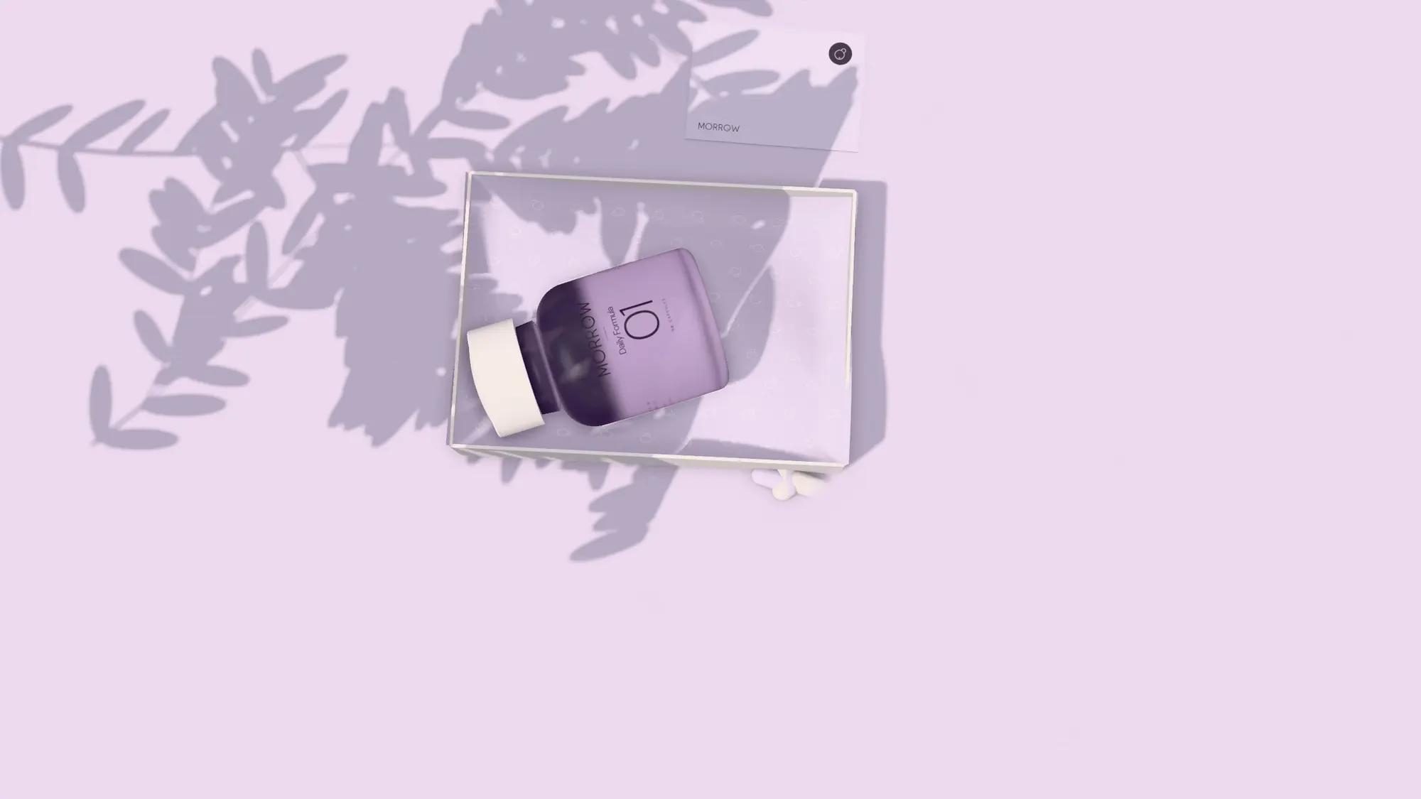An open MORROW box holding a lavender Daily Formula 01 bottle in printed tissue, with a small card above it